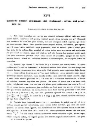 XXVI. Quomodo numeri praemagni sint explorandi, utrum sint primi, nec ne.