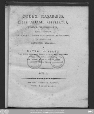 T. 1: Codex Nasaraeus, liber Adami appellatus