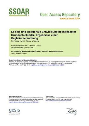 Soziale und emotionale Entwicklung hochbegabter Grundschulkinder: Ergebnisse einer Begleituntersuchung