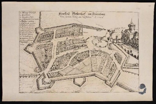 Vorstad Gostenhof an Nürnberg. wie sie von Mittag an zusehen Ao. 1708. - Nürnberg-Gostenhof, Karte