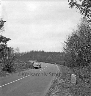 Möllner Landstraße: in der Mitte Pkw: hinten Wald des Naturschutzgebietes Hahnheide