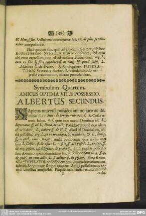 Symbolum Quartum. Amicus Optima Vitae Possessio. Albertus Secundus