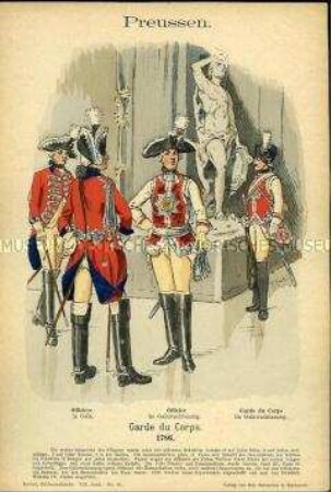 Uniformdarstellung, Offiziere und Gemeiner der Garde du Corps in Gala-Uniformen, Königreich Preußen, 1786.