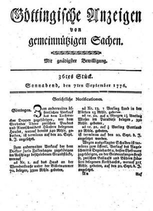 36tes Stück. Sonnabend, den 7ten September 1776.