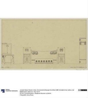 Wien, Zimmereinrichtungen für Alfred Stifft, Schlafzimmer, Aufriss der Bettenwand