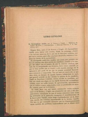 Letras catalanas : El nacionalismo catalán, por A. Rovira y Virgili