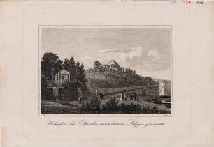 Der Ausflugsgasthof Saloppe im Fachwerkstil am rechten Elbufer zwischen Loschwitz und Dresden (1813 Bretterbude mit Ausschank, 1822 Neubau im Fachwerkstil, 1876 Neubau in neoromanischem Baustil), Zustand mit Rahmung der Darstellung