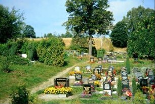 Friedhof am Westrand des Ortes, Grabsteine, Bäume und Büsche