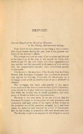 Annual report of the Board of Directors of the Chicago Astronomical Society together with the report of the Director of the Dearborn Observatory. 1882