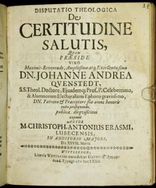 Disputatio Theologica De Certitudine Salutis