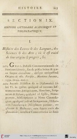 Section IX: Histoire litteraire academique et bibliographique