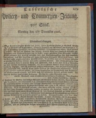 50tes Stück. Montag den 8ten December 1806