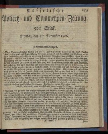50tes Stück. Montag den 8ten December 1806