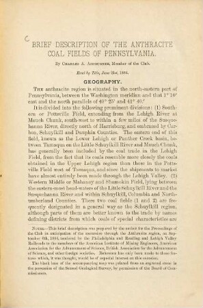Brief Description of the anthracite coal fields of Pennsylvania