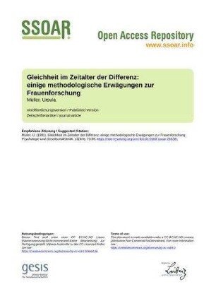 Gleichheit im Zeitalter der Differenz: einige methodologische Erwägungen zur Frauenforschung
