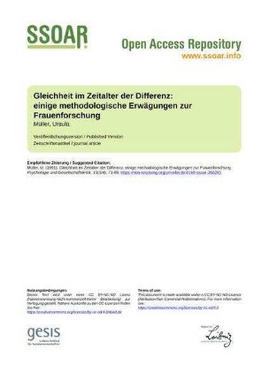 Gleichheit im Zeitalter der Differenz: einige methodologische Erwägungen zur Frauenforschung