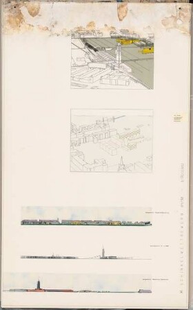 Wohnen im Grünen auf dem ehem. Potsdamer Güterbahnhof, Berlin Schinkelwettbewerb 1990: Isometrie, Längsschnitt Stadtrandabwicklung und Abwicklung Gleisdreieck, Geländeschnitt 1:2000