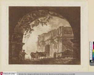 Vue de l'Arc de Constantin prise de dessous uns des arcades du Collisée a Rome