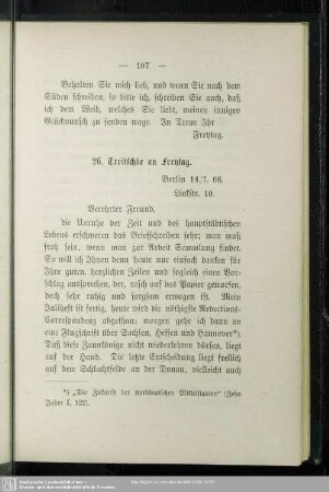 26. Treitschke an Freytag. Berlin, 14.7.66