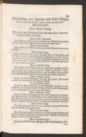 Verzeichnüs des Inhalts aller sechs Bücher des Excidii Germaniae, und deren unterschiedlichen Capitteln.