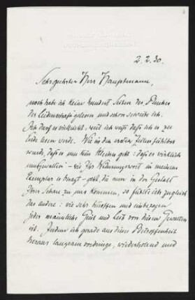 Brief von Rudolf G. Binding an Gerhart Hauptmann