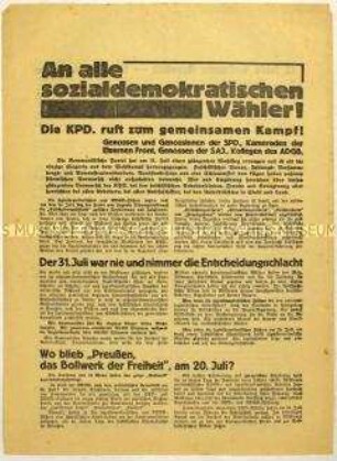 Aufruf der KPD an SPD-Wähler zum gemeinsamen Kampf gegen den Faschismus
