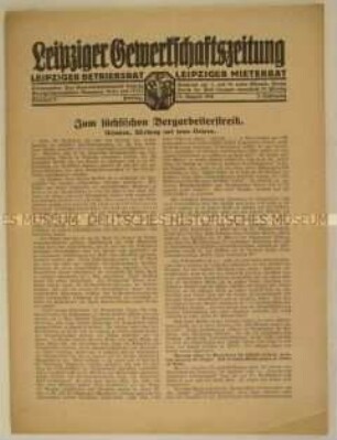 Mitteilungsblatt "Leipziger Gewerkschaftszeitung" u.a. zum sächsischen Bergarbeiterstreik