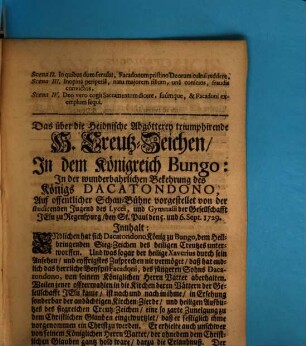 Sanctæ Crucis Victima, Dacatondono, Bungi Rex : Ludis Autumnalibus Exhibitus, A Discipulis Lycei, & Gymnasii Societatis Jesu ad D. Pauli Ratisbonæ 5. & 6. Septemb. 1729.