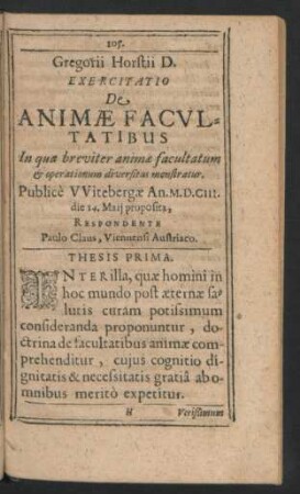 Gregorii Horstii D. Exercitatio De Animae Facultatibus ...