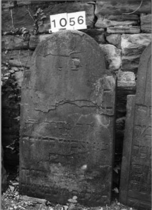 Grabstein 1056 (Index: 99630559) Material: Sandstein Zustand: stark abgeblättert mit Textverlust Maße HxBxT: 109x60x9 cm Beschreibung: Stele mit eingezogenem Rundbogenabschluß: Grabstein 1056