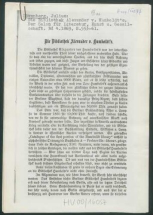 (Der Salon für Literatur, Kunst und Gesellschaft. Bd 4. Julius Löwenberg.):Die Bibliothek Alexander von Humboldt's. Kopien.
