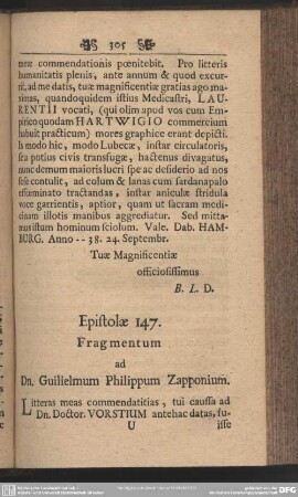 Epistolae 147. Fragmentum ad Dn. Guilielmum Philippum Zapponium