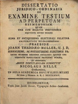 Diss. ... de examine testium ad perpetuam rei memoriam