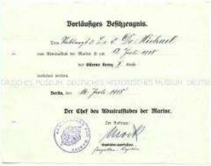 Verleihungsurkunde für das Eiserne Kreuz I. Klasse an den Stabsarzt Dr. Michael - Personenkonvolut