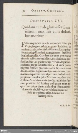 Observatio LIII. Quidam cum deglutivisset Gammarum maximis cum doloribus moritur