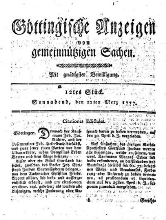 12tes Stück. Sonnabend, den 22ten Merz 1777.