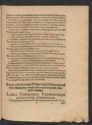Folgen nun die jenigen Bücher in der Ordnung nach ihren Facultäten/ welche allhier in Leipzig sind eingegeben worden. Libri Theologici Theologorum Augustanae Confessionis.