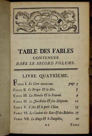 Tables des Fables contenues dans le second Volume.