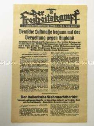 Nachrichtenblatt der sächsischen NSDAP-Zeitung "Der Freiheitskampf" über die deutsche Besetzung der Hafenstadt Brest in der Bretagne