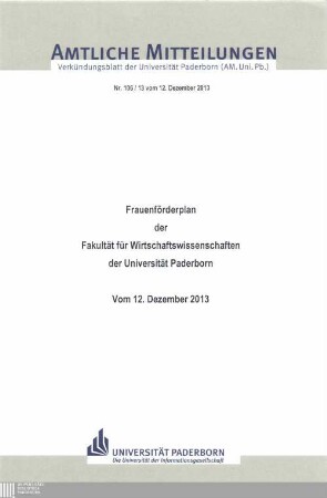 Frauenförderplan der Fakultät für Wirtschaftswissenschaften der Universität Paderborn : vom 12. Dezember 2013