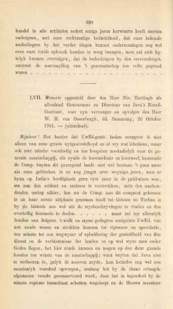 LVII. Memorie opgesteld door den Heer Nic. Hartingh als aftredend Gouverneur en Directeur van Java's Noord-Oostcust, voor zyn vervanger en opvolger den Heer W. H. van Ossenbergh, dd. Samarang, 26 October 1761. - (uittreksel).