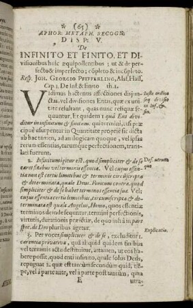 Disp. V. De Infinito Et Finito, Et Divisionibus huic æquipollentibus [...]
