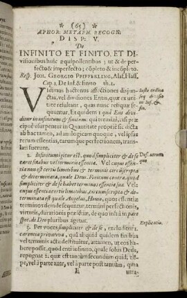 Disp. V. De Infinito Et Finito, Et Divisionibus huic æquipollentibus [...]