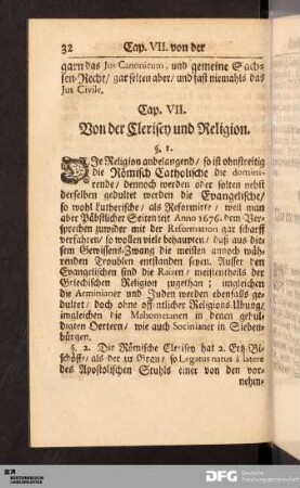 Cap. VII. Von der Clerisey und Religion
