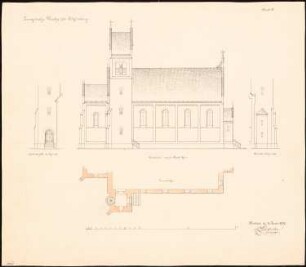 Evangelische Kirche, Schömberg: Nordseite: Grundriss, Aufriss, Aufriss Turmansichten (Nordwest, Ost), Maßstabsleiste
