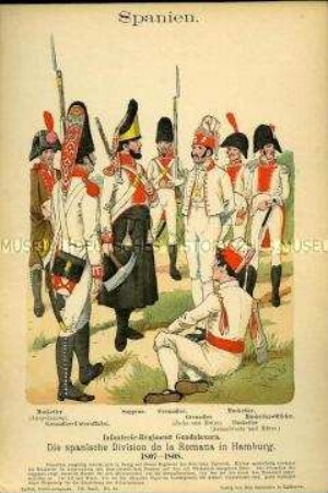 Uniformdarstellung, Musketiere, Grenadier-Unteroffizier, Sappeur, Grenadiere und Musketier-Offizier der Infanterie, Königreich Spanien, 1807/1808.