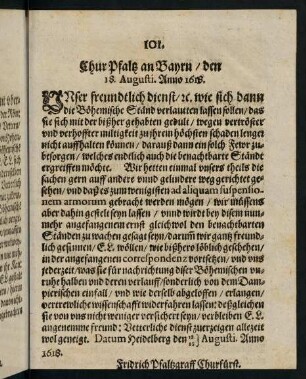 101, Chur Pfaltz an Bayrn den 18. Augusti Anno 1618