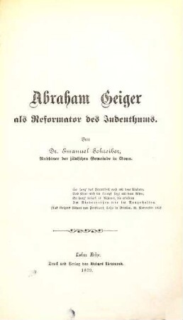 Abraham Geiger als Reformator des Judenthums