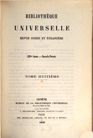 Bibliothèque universelle et revue suisse. 8. 1860 = A. 65