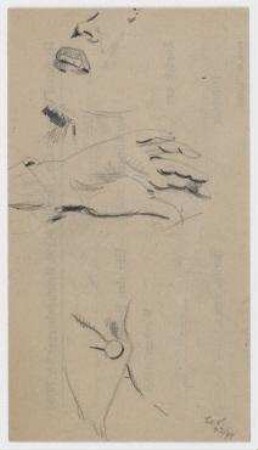 [o.T.]. Skizze eines Frauengesichts (Teil), einer Hand und Knopf
